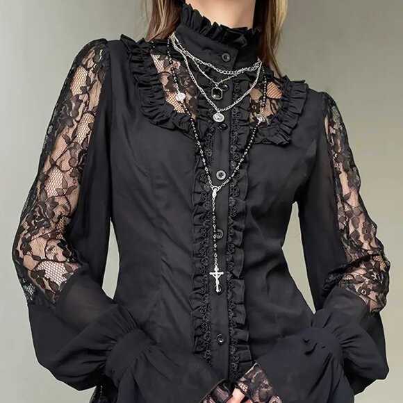 Victorian-Inspired Lace & Layered Ruffled Collar Blouse - Picture 2 of 4